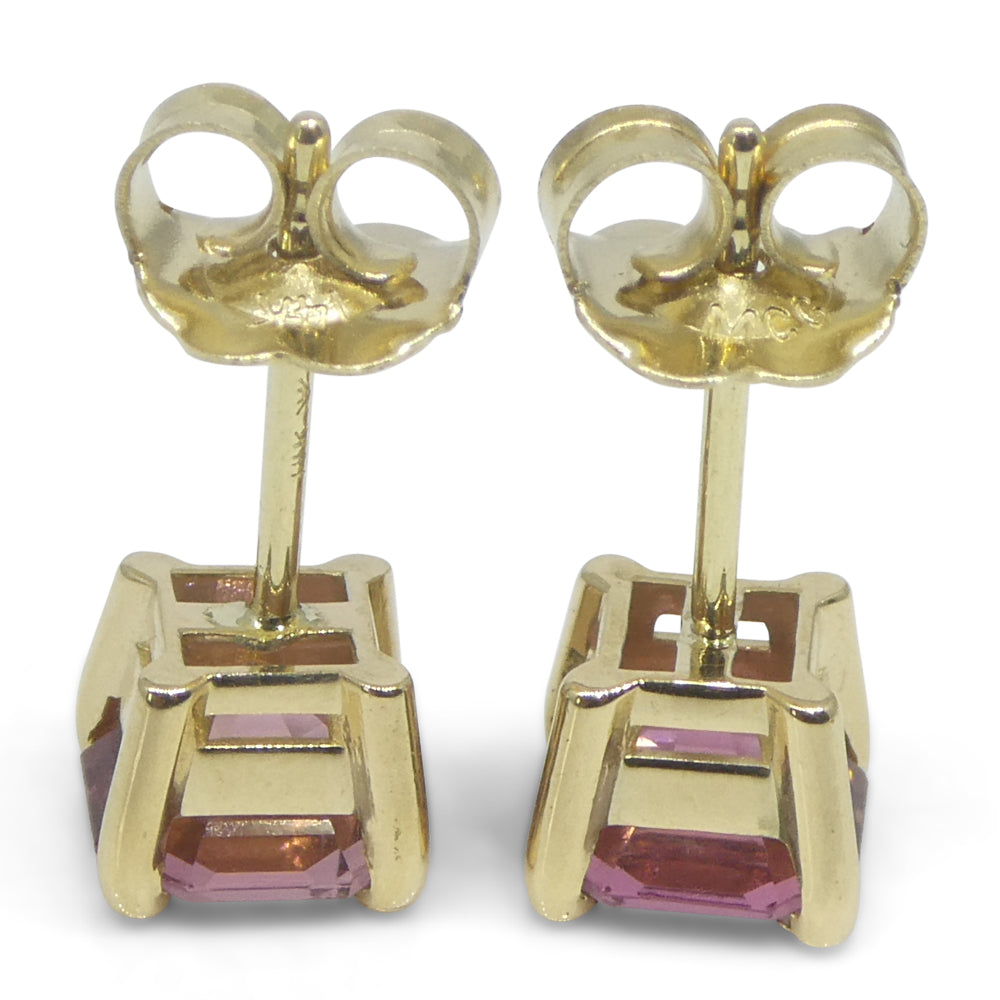 1.20ct Pair Assher Cut Pink Tourmaline Stud Earrings set in 14k Yellow Gold