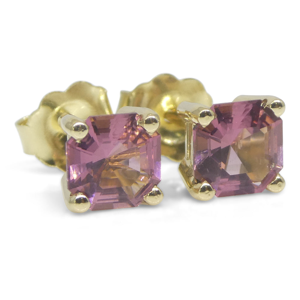 1.20ct Pair Assher Cut Pink Tourmaline Stud Earrings set in 14k Yellow Gold