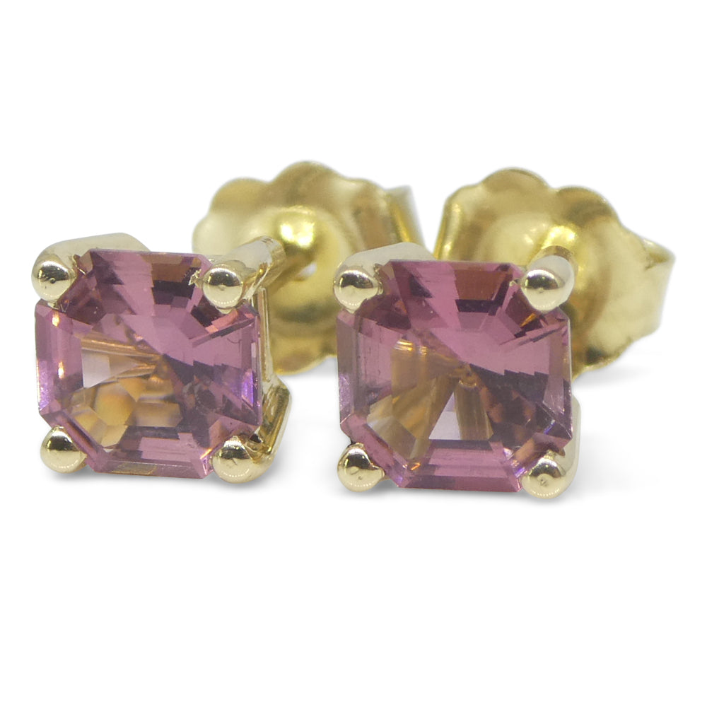 1.20ct Pair Assher Cut Pink Tourmaline Stud Earrings set in 14k Yellow Gold