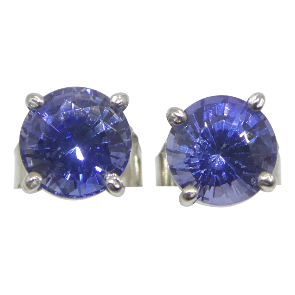 1.84ct Pair Round Blue Sapphire Stud Earrings set in 14k White Gold