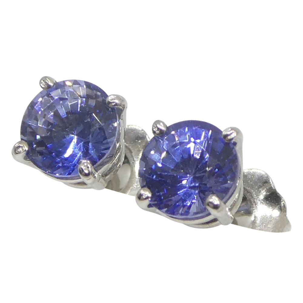 1.84ct Pair Round Blue Sapphire Stud Earrings set in 14k White Gold