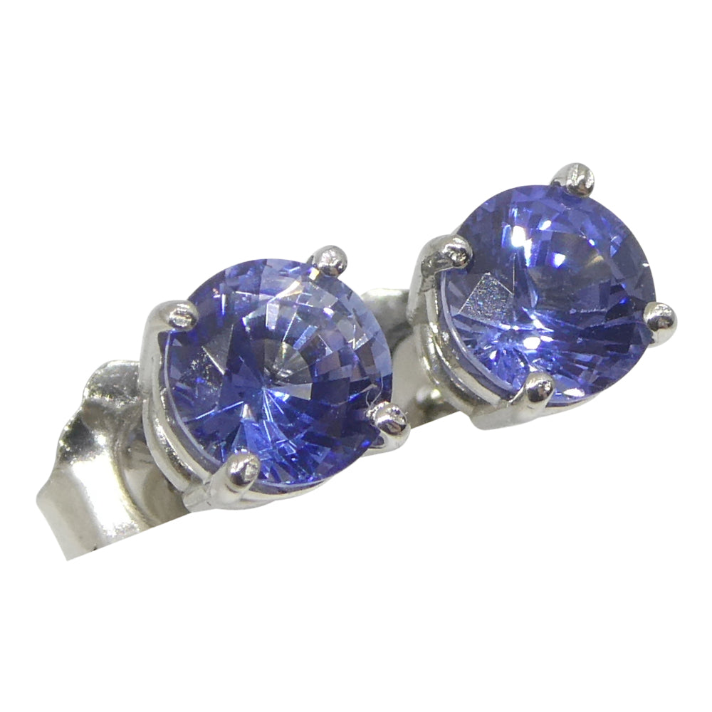 1.84ct Pair Round Blue Sapphire Stud Earrings set in 14k White Gold