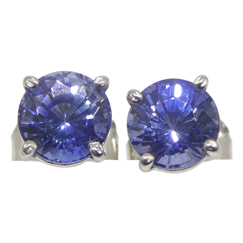 1.84ct Pair Round Blue Sapphire Stud Earrings set in 14k White Gold