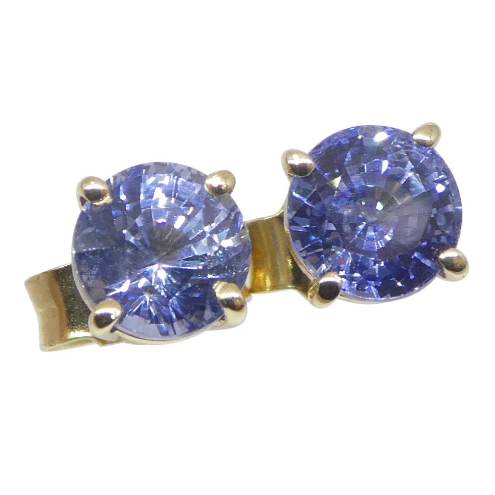 1.30ct Pair Round Blue Sapphire Stud Earrings set in 14k Yellow Gold