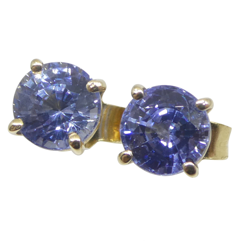 1.30ct Pair Round Blue Sapphire Stud Earrings set in 14k Yellow Gold