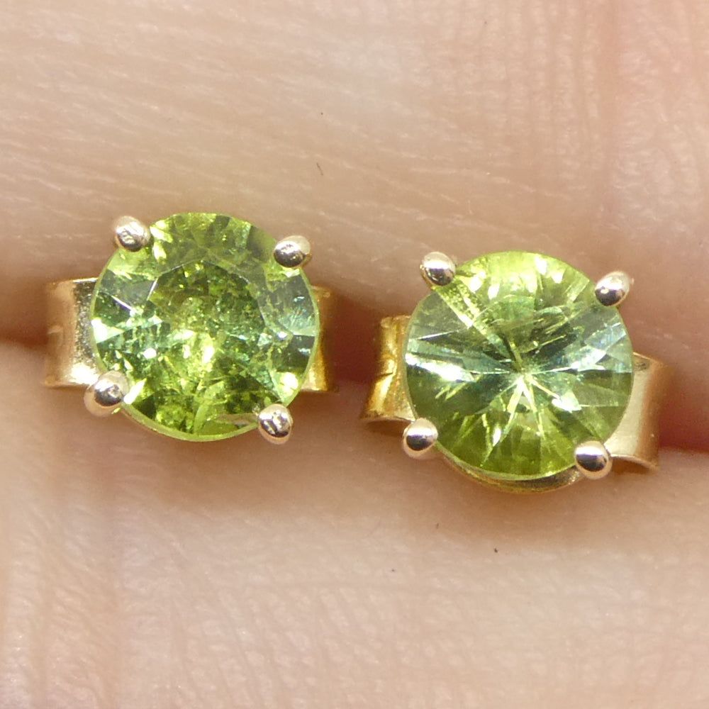 0.60ct Pair Round Green Sapphire Stud Earrings set in 14k Yellow Gold