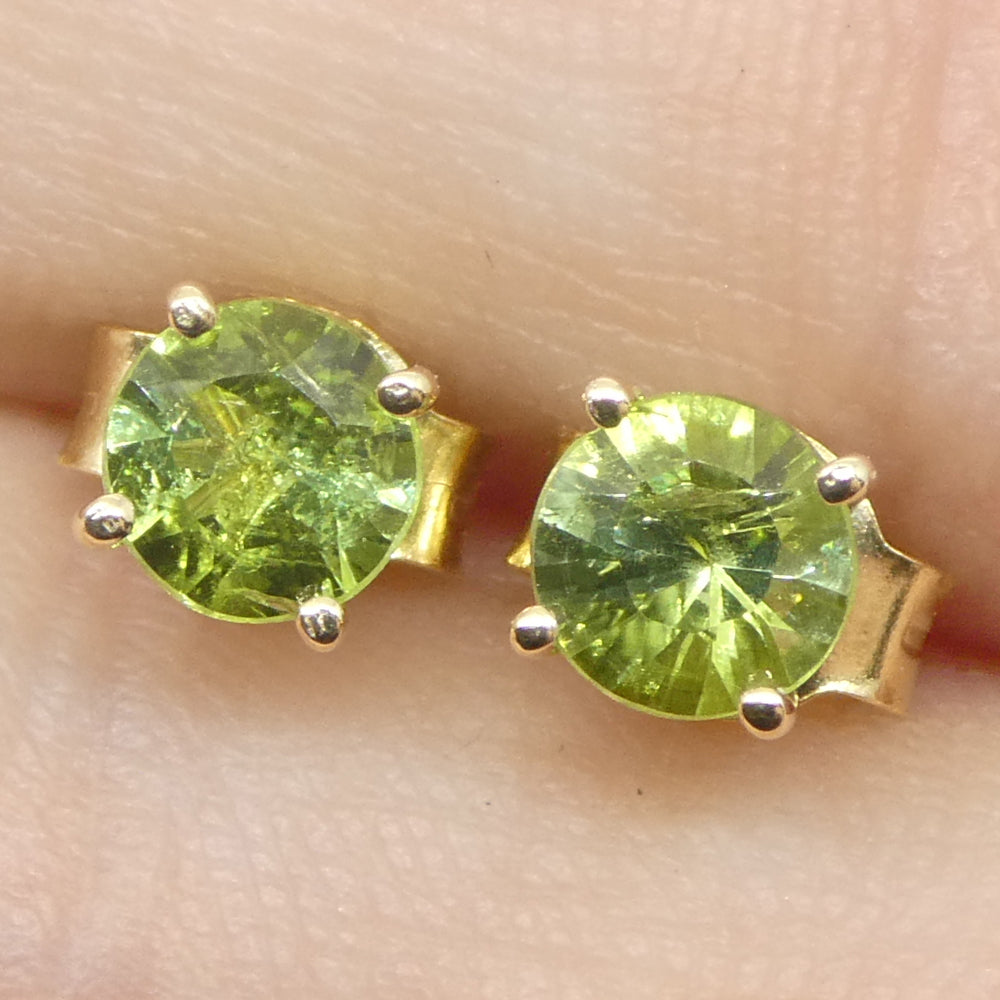 0.60ct Pair Round Green Sapphire Stud Earrings set in 14k Yellow Gold