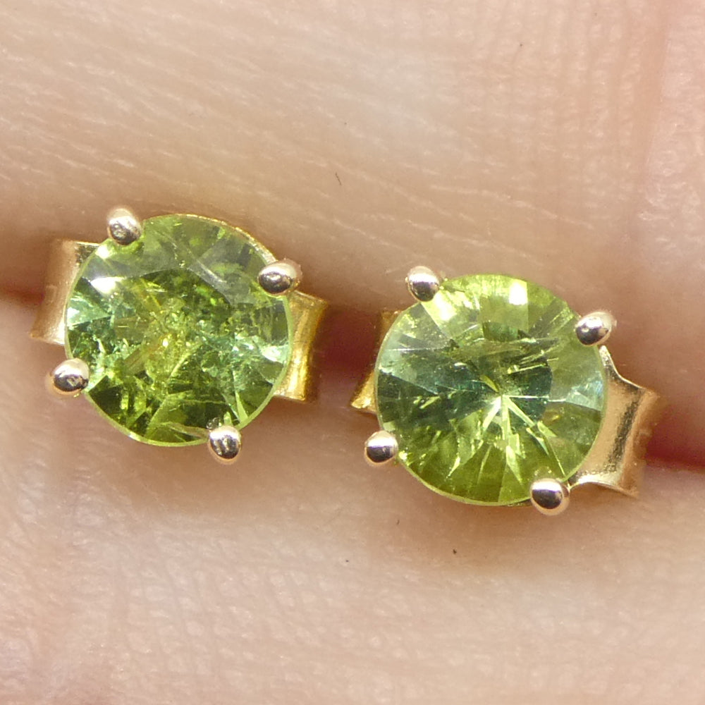 0.60ct Pair Round Green Sapphire Stud Earrings set in 14k Yellow Gold