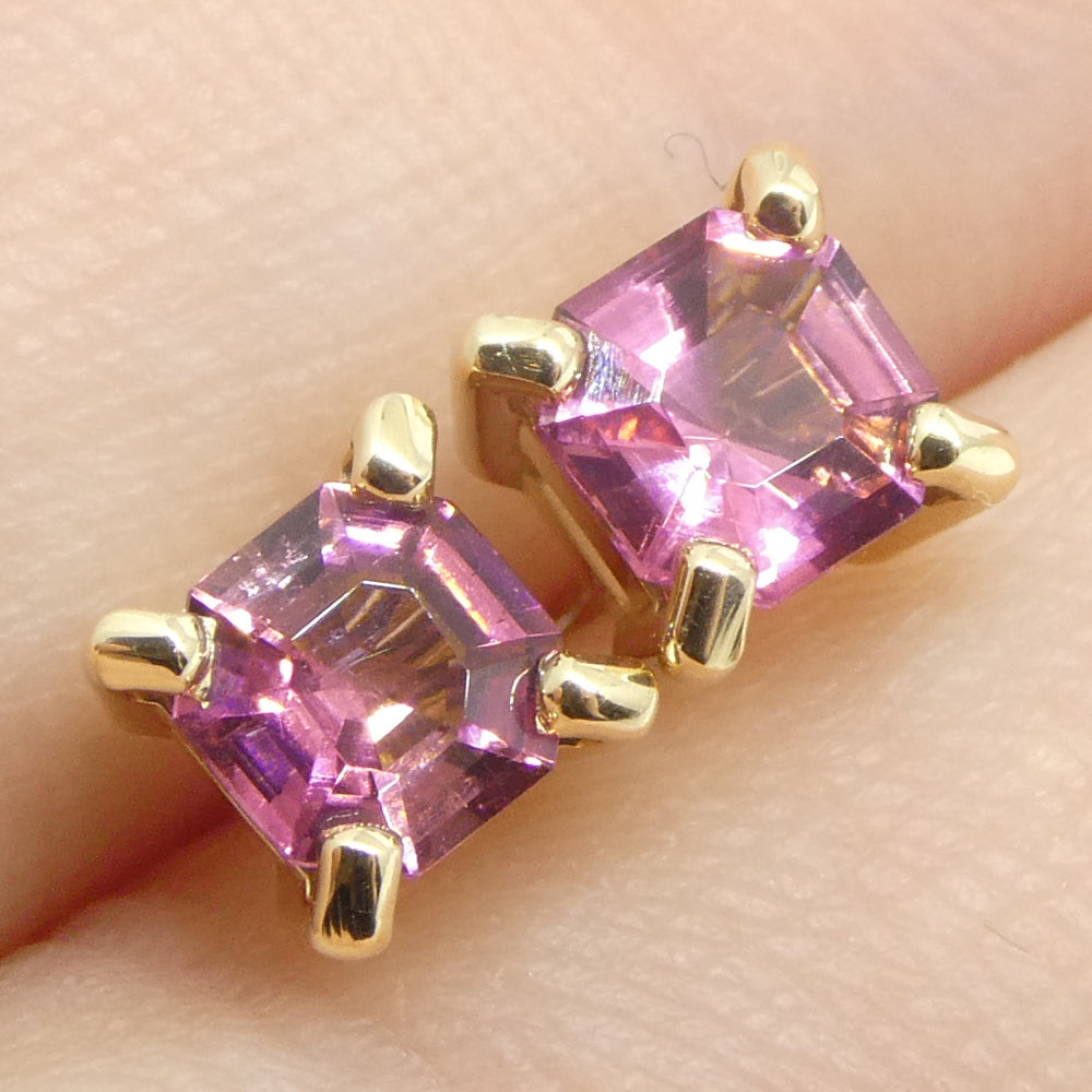 0.76ct Pair Asscher Cut Pink Tourmaline Stud Earrings set in 14k Yellow Gold