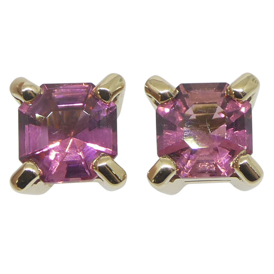 0.76ct Pair Asscher Cut Pink Tourmaline Stud Earrings set in 14k Yellow Gold