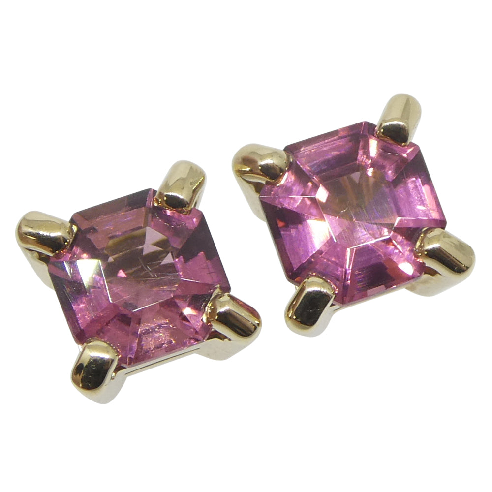 0.76ct Pair Asscher Cut Pink Tourmaline Stud Earrings set in 14k Yellow Gold