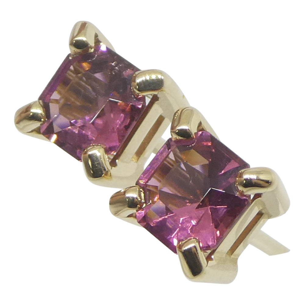 0.76ct Pair Asscher Cut Pink Tourmaline Stud Earrings set in 14k Yellow Gold