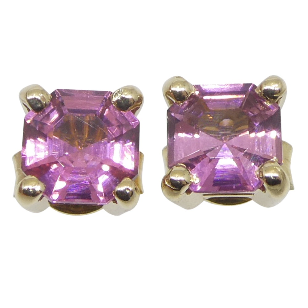 0.92ct Pair Asscher Cut Pink Tourmaline Stud Earrings set in 14k Yellow Gold