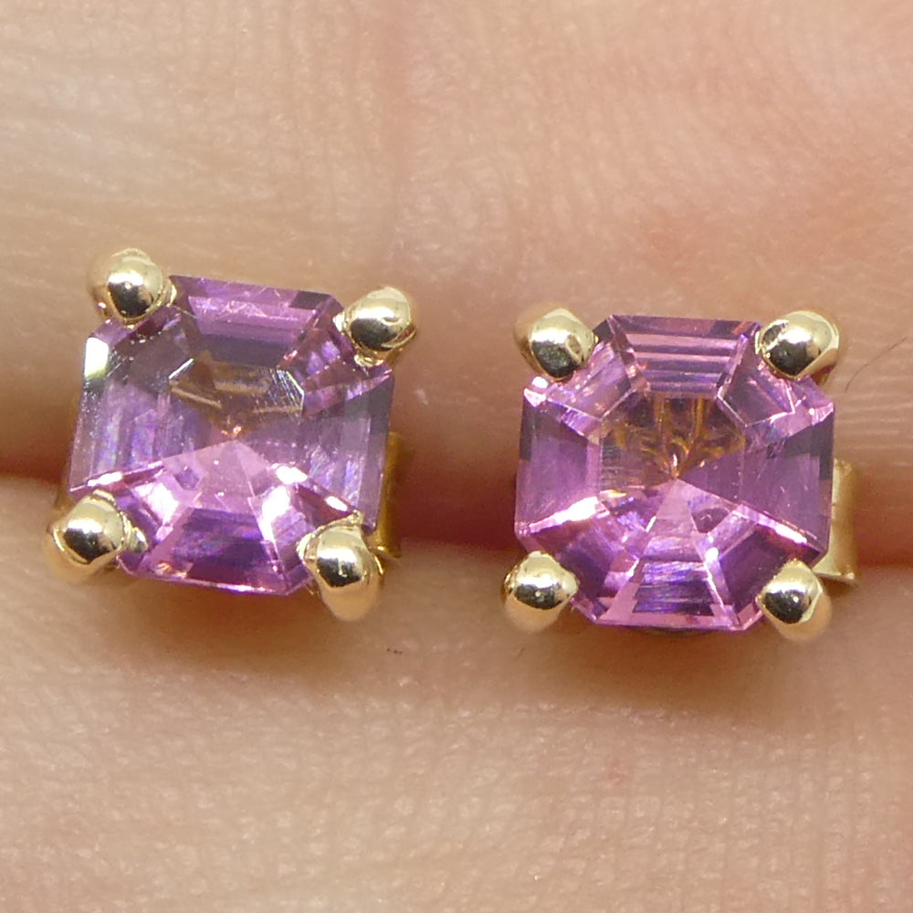 0.92ct Pair Asscher Cut Pink Tourmaline Stud Earrings set in 14k Yellow Gold