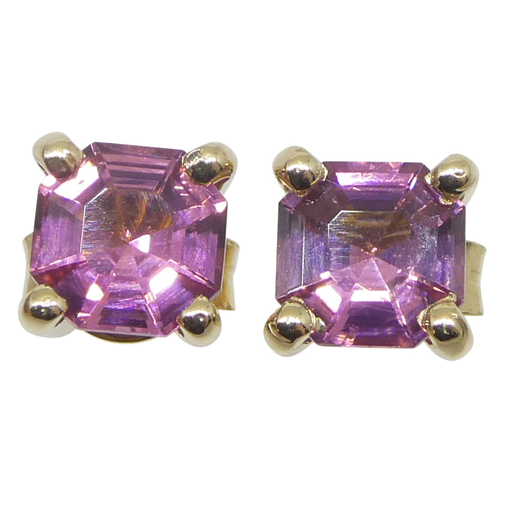 0.92ct Pair Asscher Cut Pink Tourmaline Stud Earrings set in 14k Yellow Gold - Skyjems Wholesale Gemstones