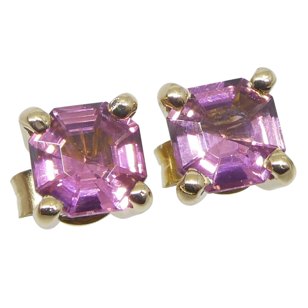 0.92ct Pair Asscher Cut Pink Tourmaline Stud Earrings set in 14k Yellow Gold