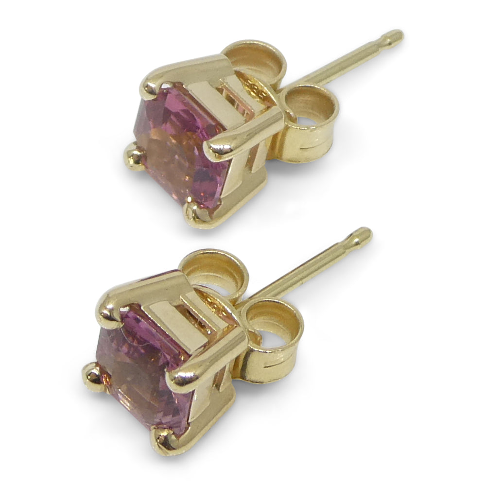 0.92ct Pair Asscher Cut Pink Tourmaline Stud Earrings set in 14k Yellow Gold