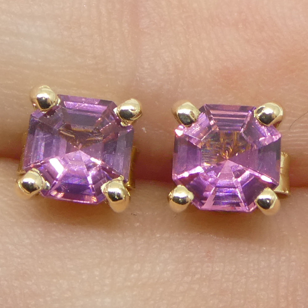 0.92ct Pair Asscher Cut Pink Tourmaline Stud Earrings set in 14k Yellow Gold