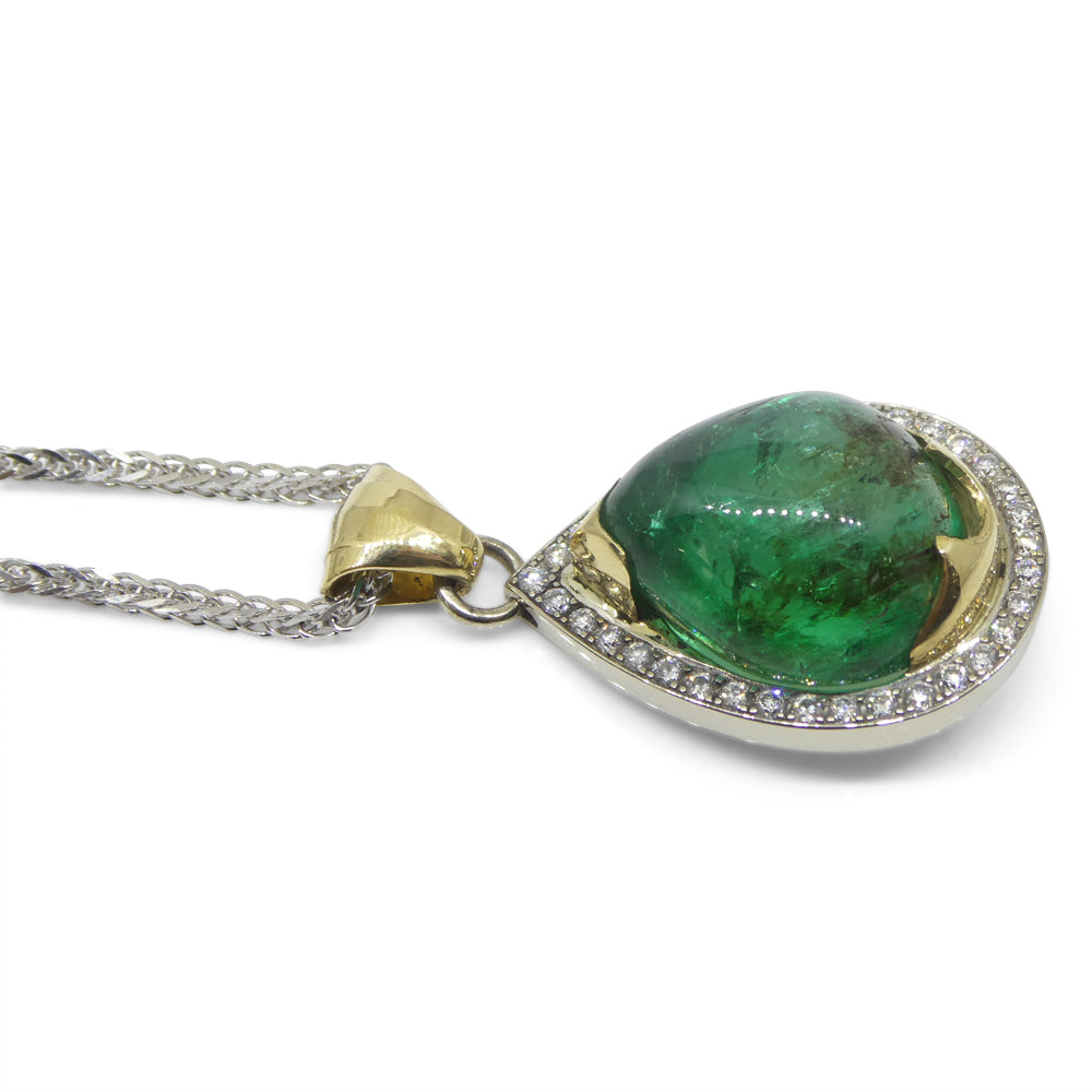 11.85ct Pear Cabochon Emerald, Diamond Pendant set in 14k White and Yellow Gold