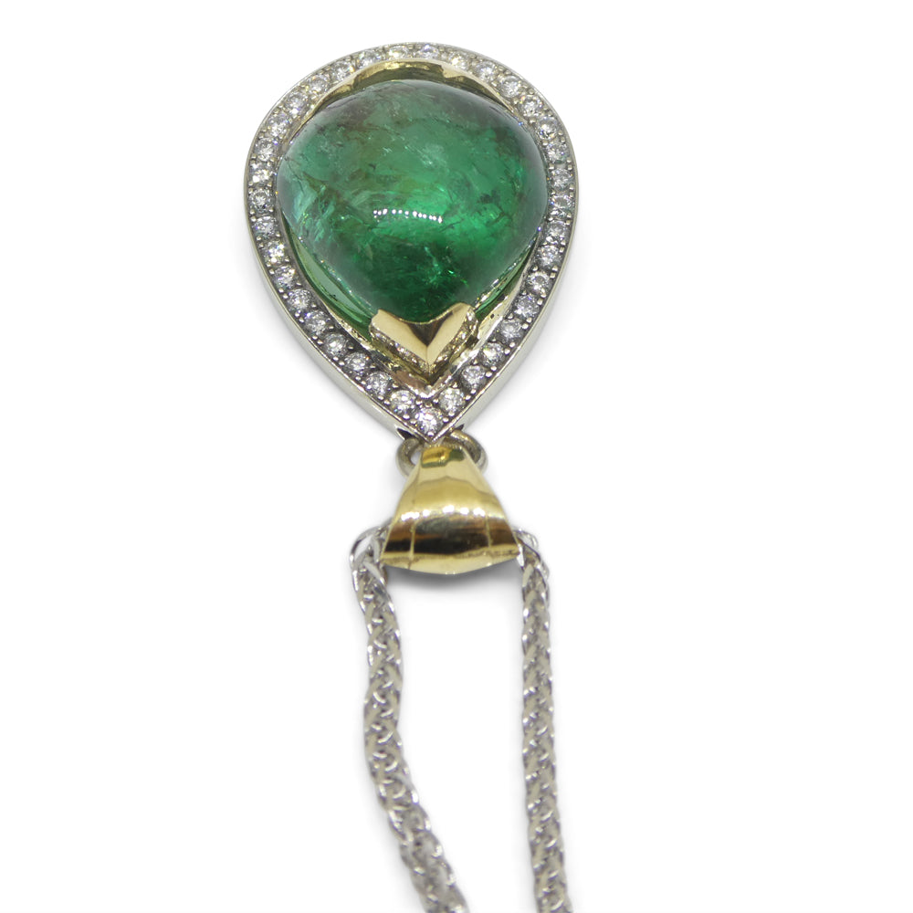 11.85ct Pear Cabochon Emerald, Diamond Pendant set in 14k White and Yellow Gold