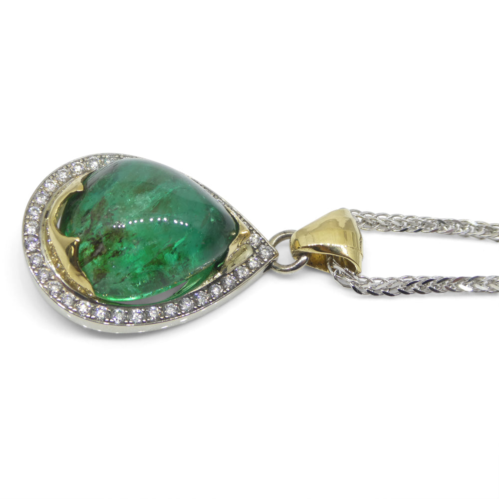 11.85ct Pear Cabochon Emerald, Diamond Pendant set in 14k White and Yellow Gold