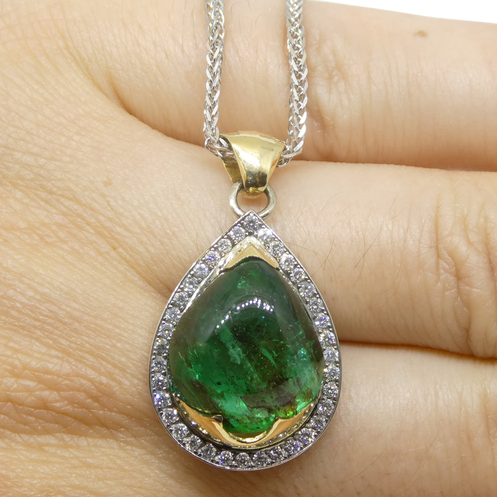 11.85ct Pear Cabochon Emerald, Diamond Pendant set in 14k White and Yellow Gold