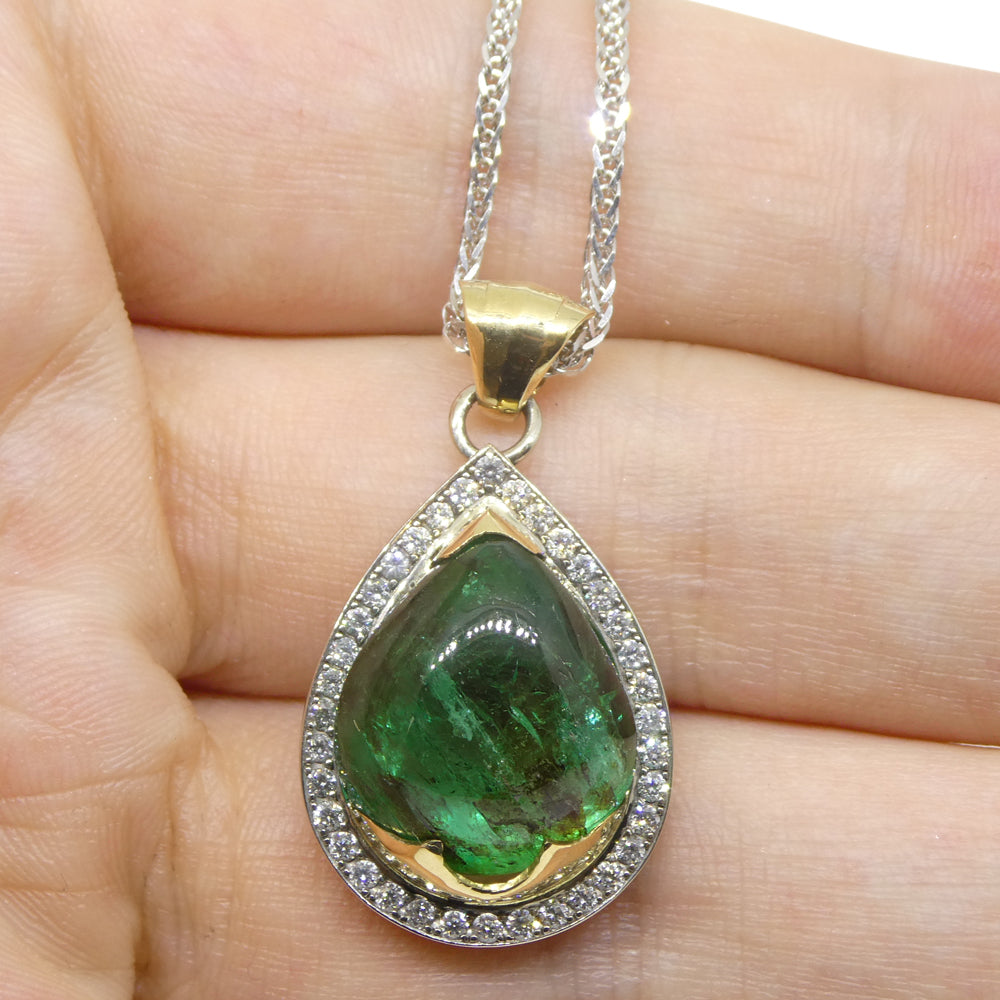 11.85ct Pear Cabochon Emerald, Diamond Pendant set in 14k White and Yellow Gold