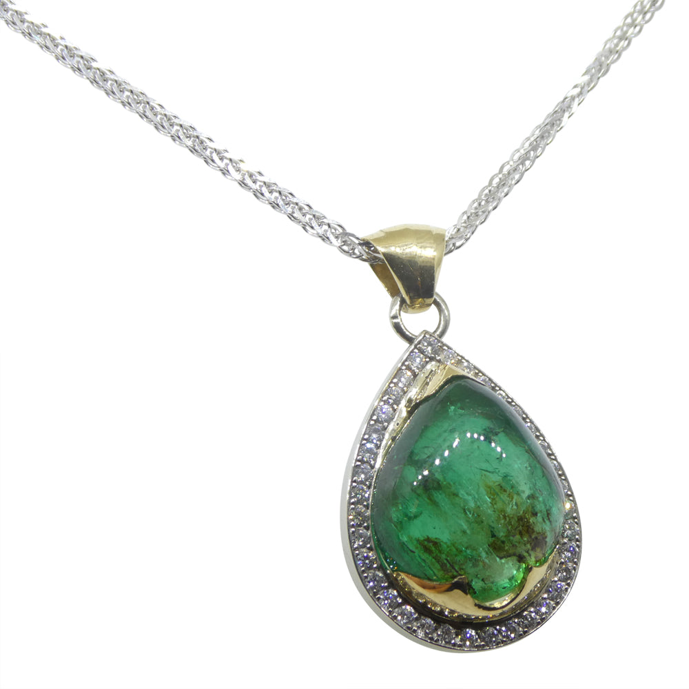 11.85ct Pear Cabochon Emerald, Diamond Pendant set in 14k White and Yellow Gold - Skyjems Wholesale Gemstones