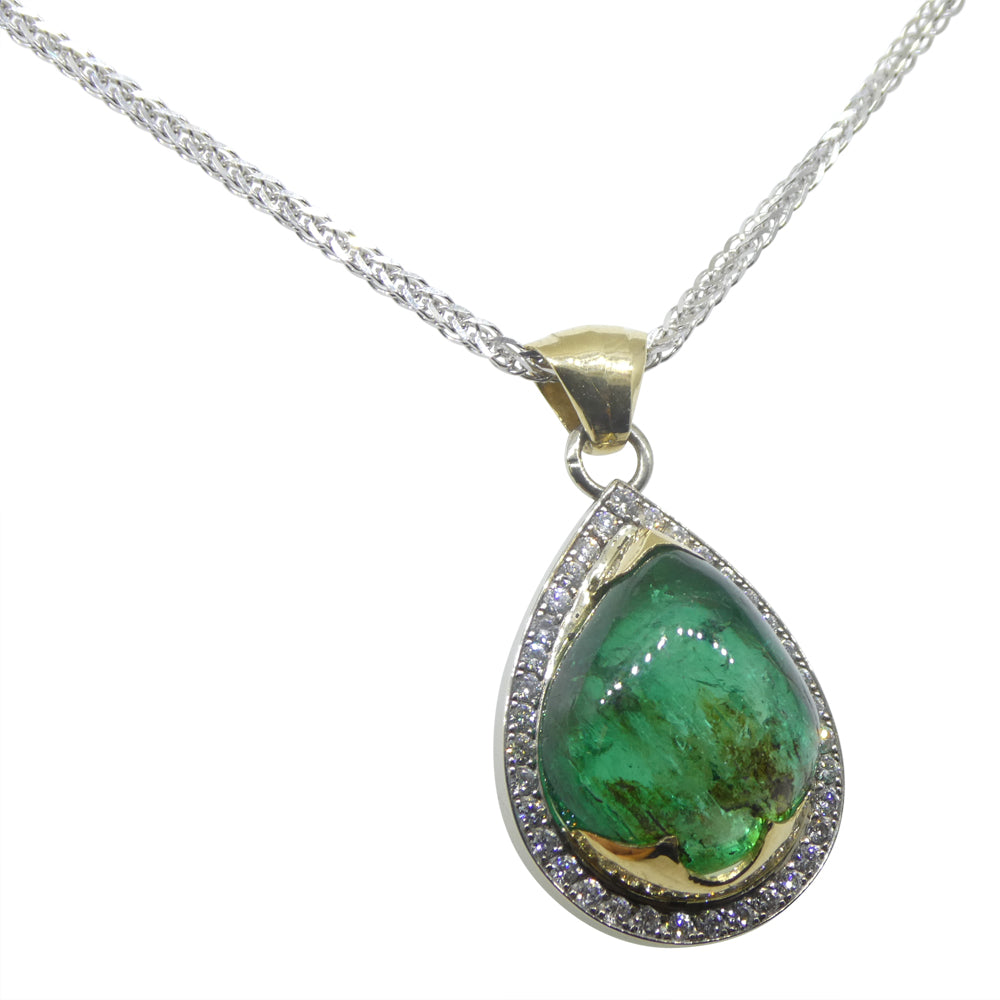 11.85ct Pear Cabochon Emerald, Diamond Pendant set in 14k White and Yellow Gold