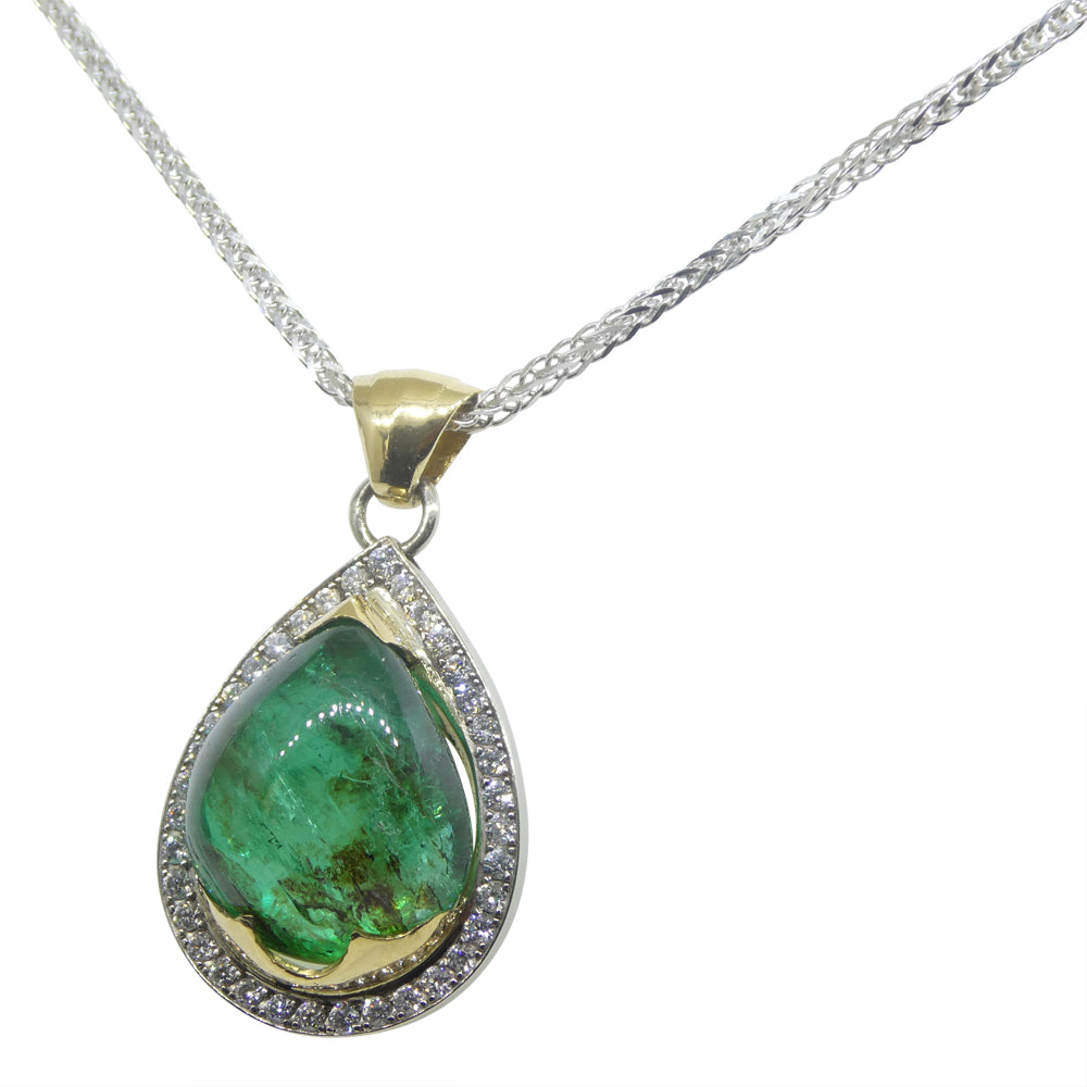 11.85ct Pear Cabochon Emerald, Diamond Pendant set in 14k White and Yellow Gold