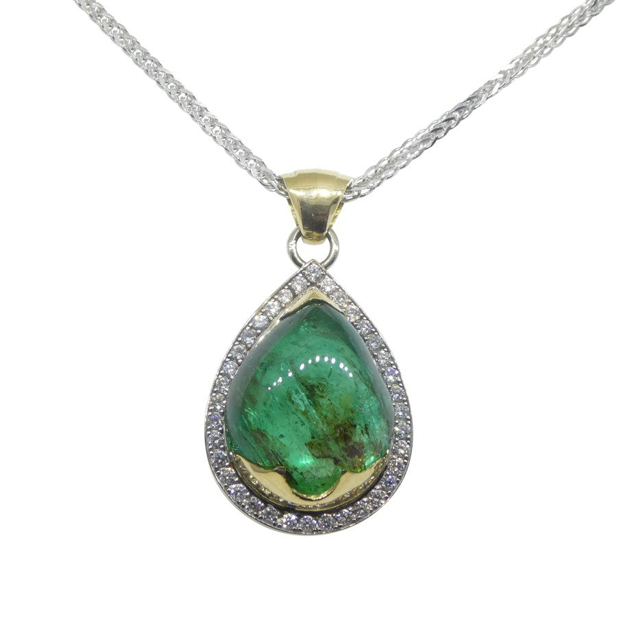 11.85ct Pear Cabochon Emerald, Diamond Pendant set in 14k White and Yellow Gold