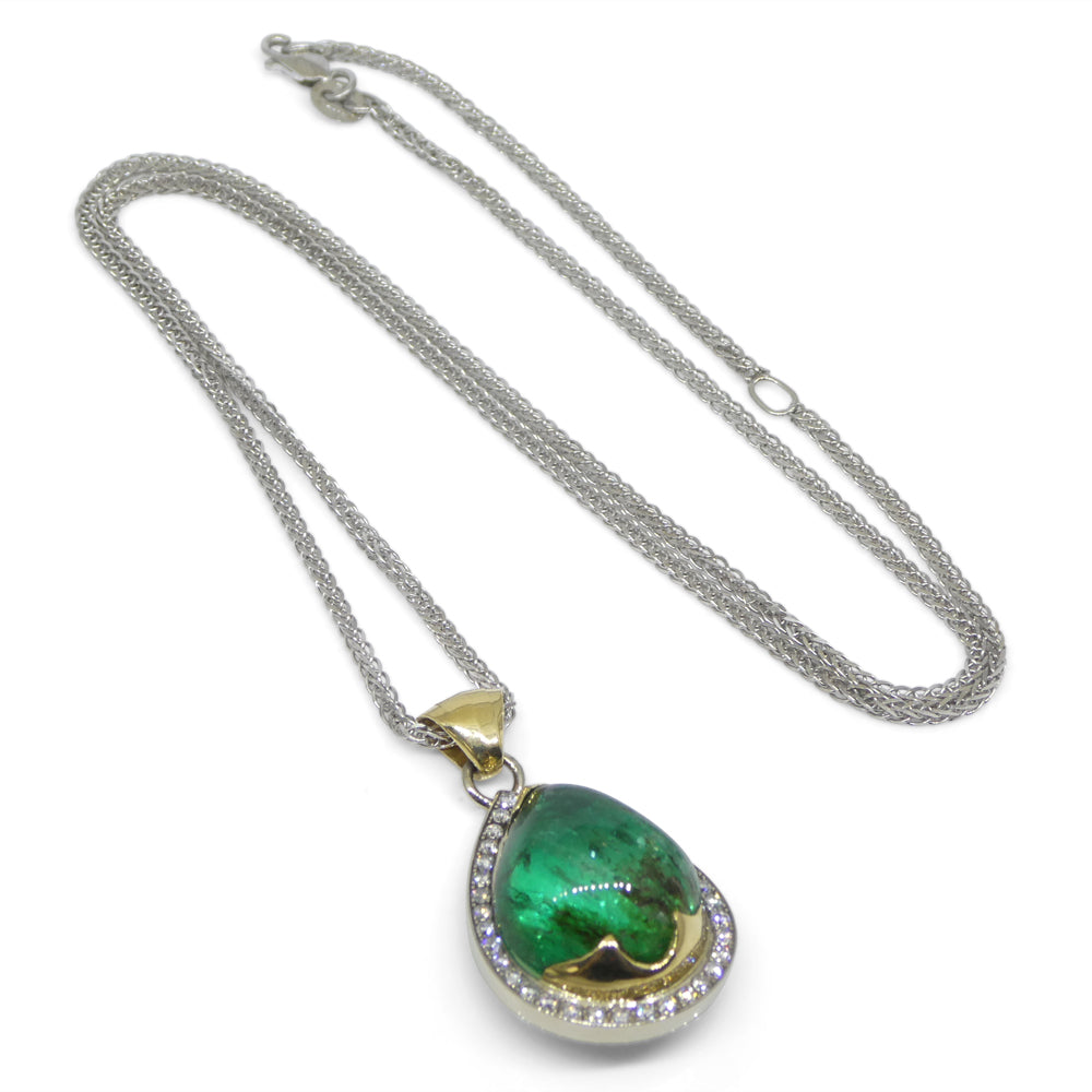 11.85ct Pear Cabochon Emerald, Diamond Pendant set in 14k White and Yellow Gold