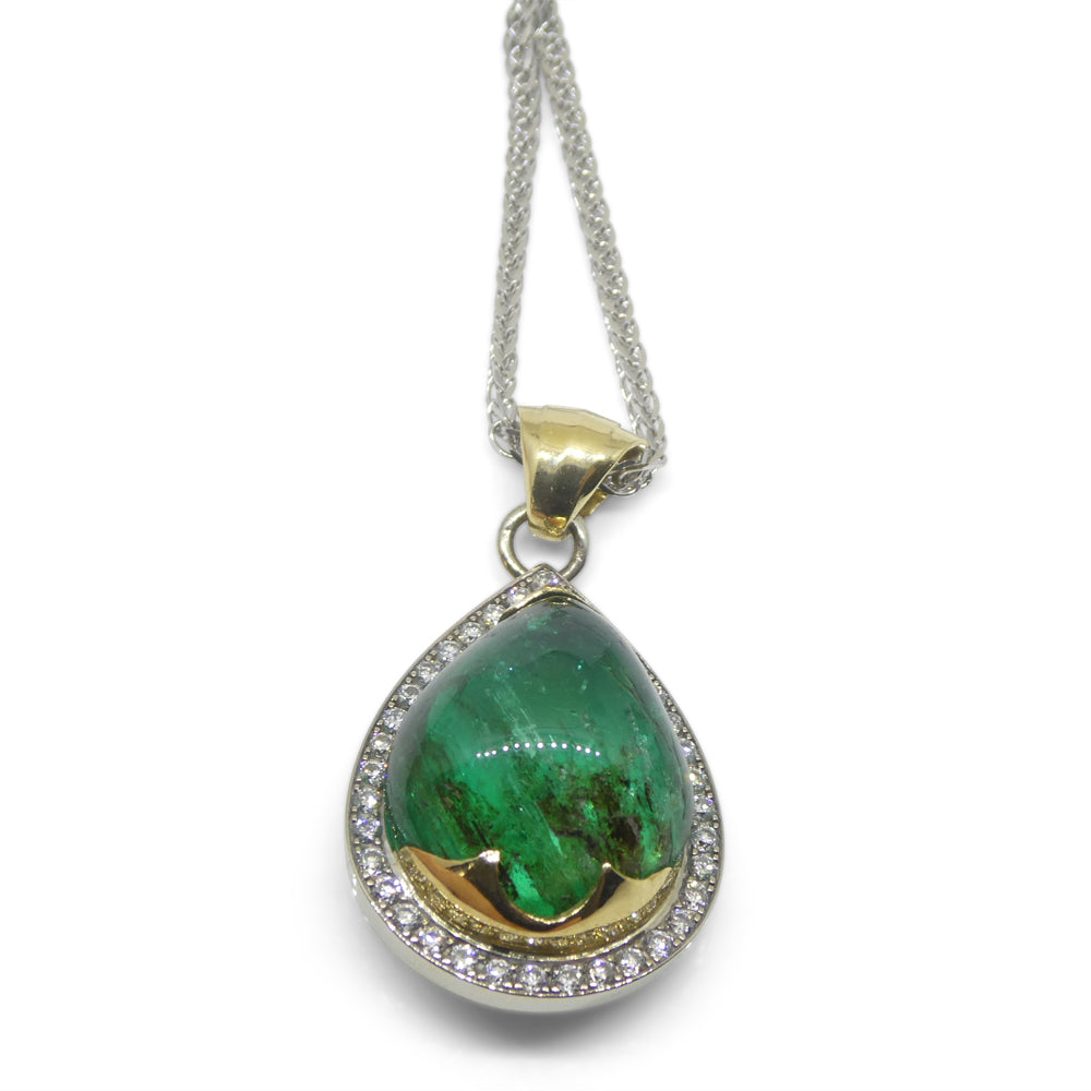 11.85ct Pear Cabochon Emerald, Diamond Pendant set in 14k White and Yellow Gold