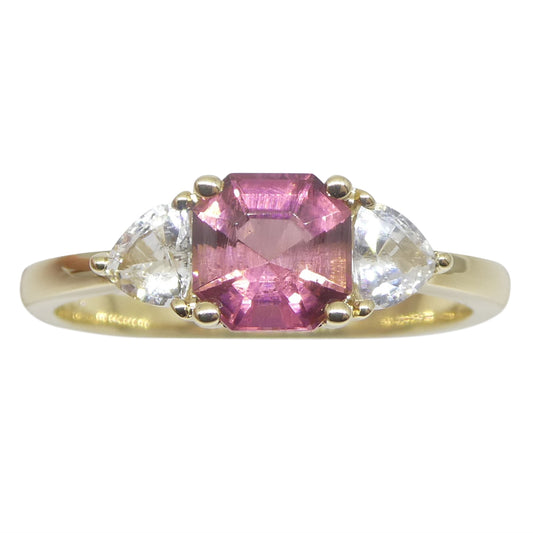 0.88ct Asscher Pink Tourmaline, White Sapphire Engagement Ring set in 14k Yellow Gold