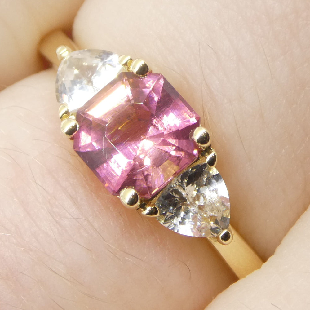 0.88ct Asscher Pink Tourmaline, White Sapphire Engagement Ring set in 14k Yellow Gold