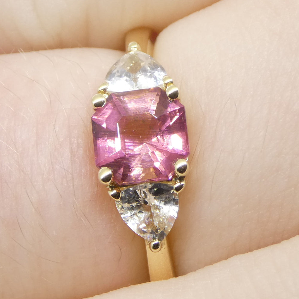 0.88ct Asscher Pink Tourmaline, White Sapphire Engagement Ring set in 14k Yellow Gold