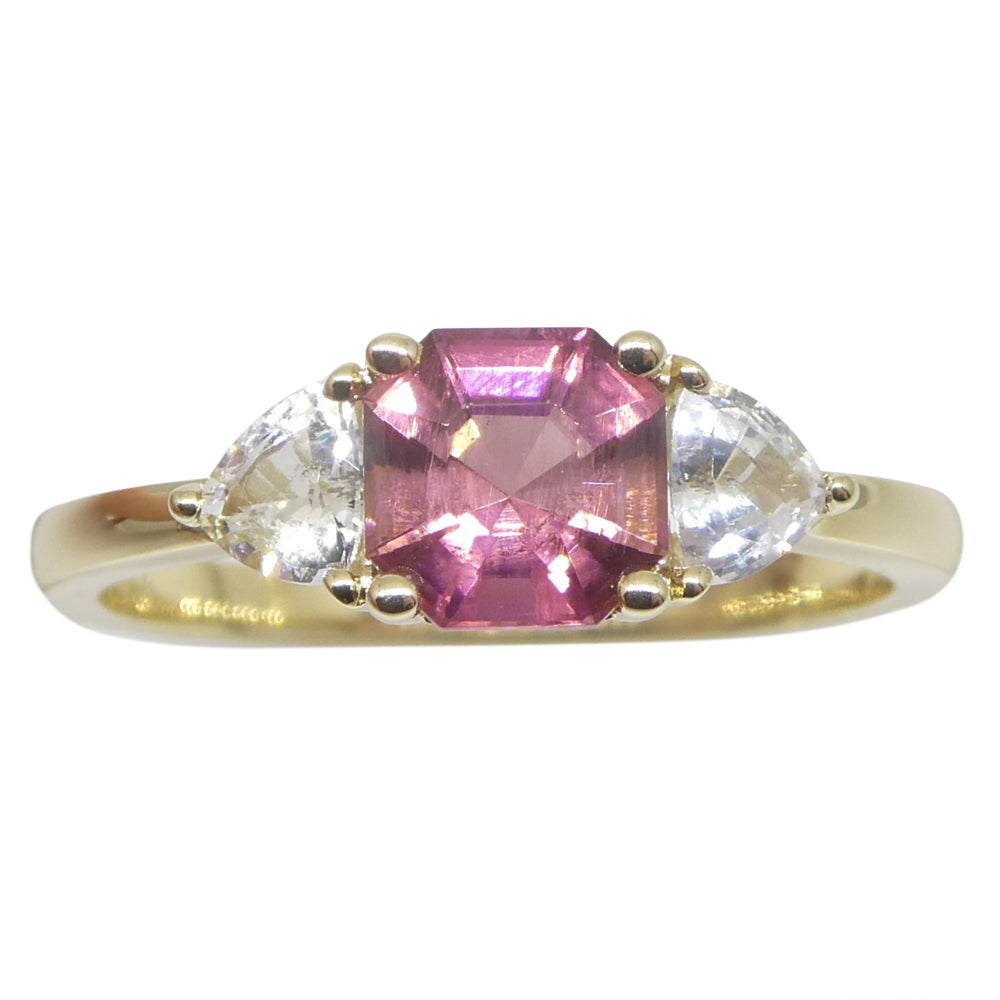 0.88ct Asscher Pink Tourmaline, White Sapphire Engagement Ring set in 14k Yellow Gold