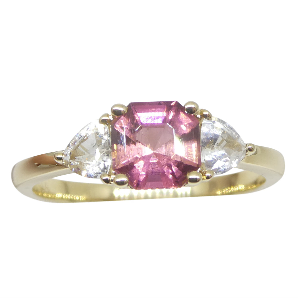 0.88ct Asscher Pink Tourmaline, White Sapphire Engagement Ring set in 14k Yellow Gold