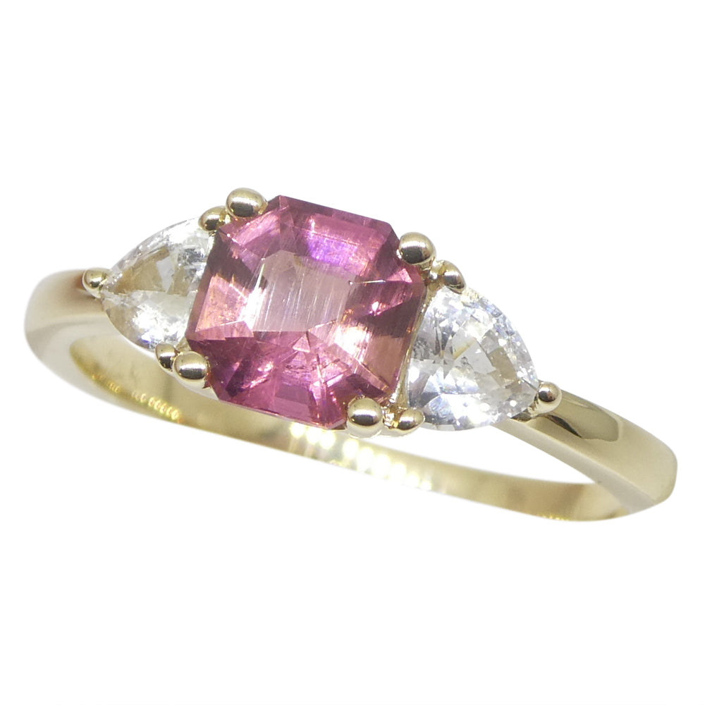 0.88ct Asscher Pink Tourmaline, White Sapphire Engagement Ring set in 14k Yellow Gold