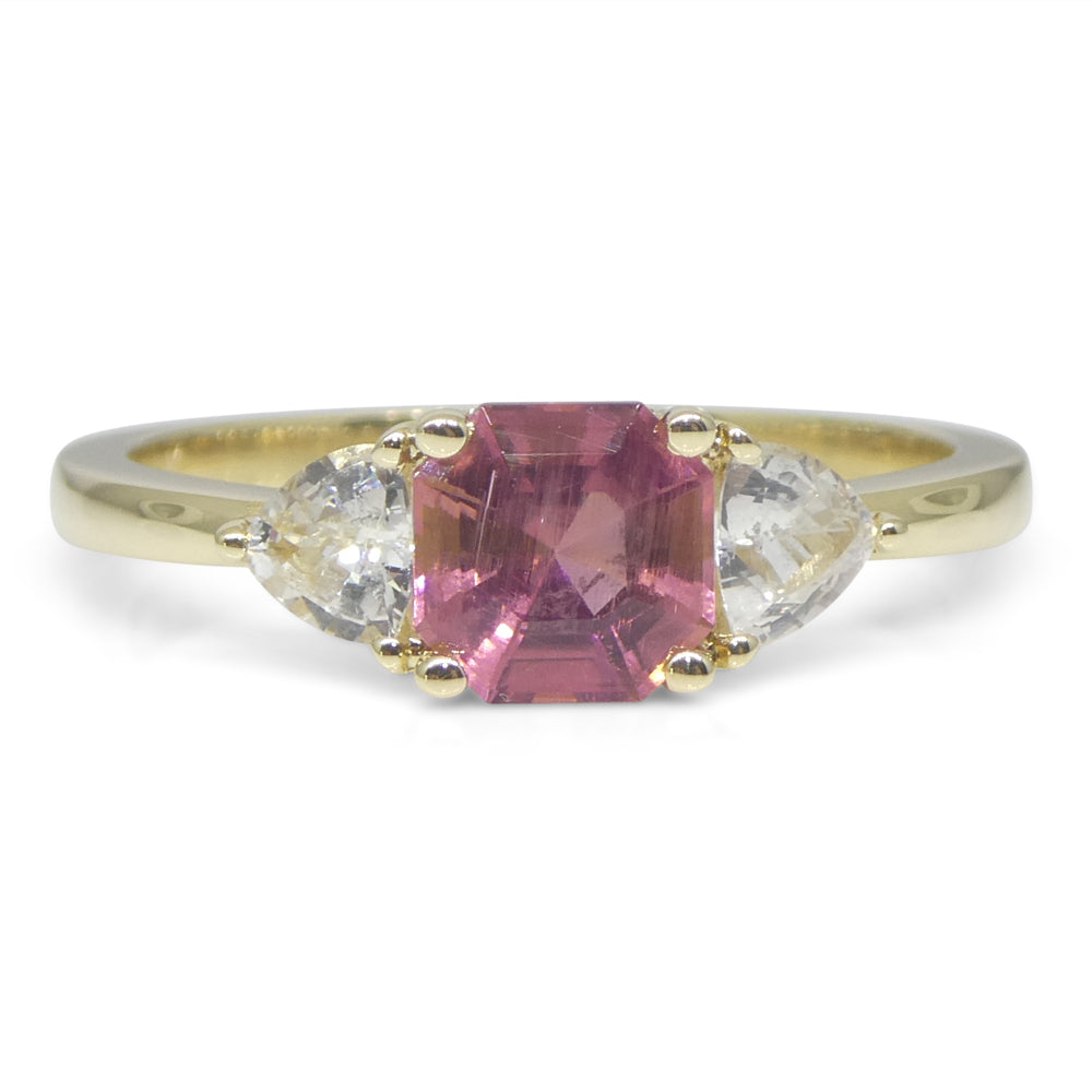 0.88ct Asscher Pink Tourmaline, White Sapphire Engagement Ring set in 14k Yellow Gold