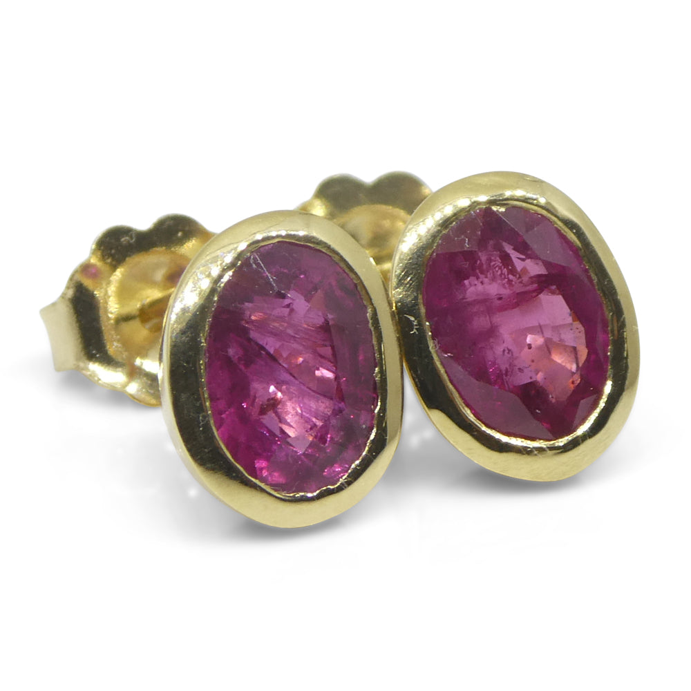 2.17ct Oval Red Ruby Stud Earrings set in 14k Yellow Gold