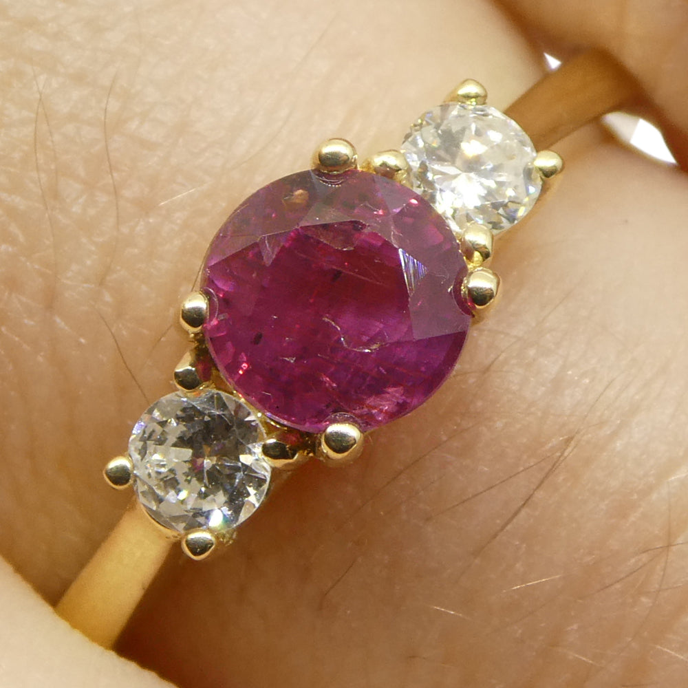 0.96ct Round Red Ruby, Diamond Engagement Ring set in 14k Yellow Gold