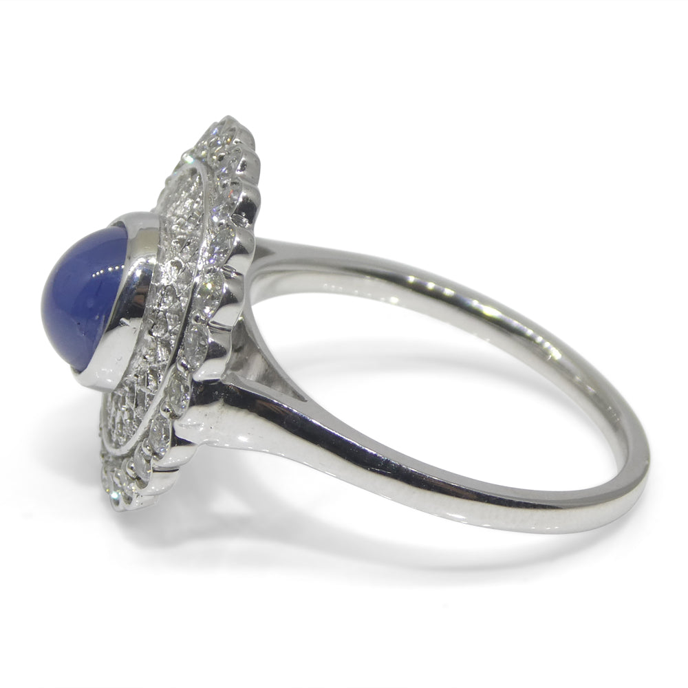 2.99ct Round Blue Star Sapphire, Diamond Engagement Ring set in 18k White Gold, GIA Certified