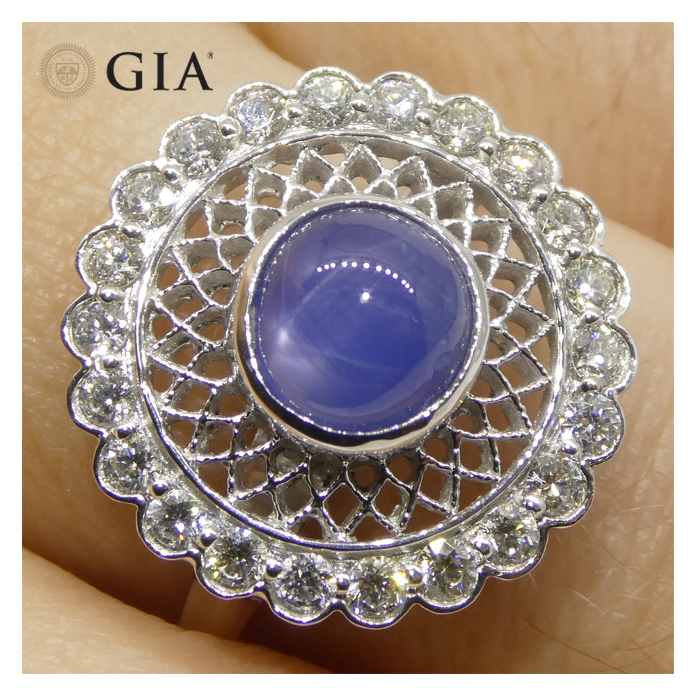 2.99ct Round Blue Star Sapphire, Diamond Engagement Ring set in 18k White Gold, GIA Certified Unheated