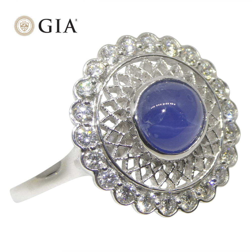 2.99ct Round Blue Star Sapphire, Diamond Engagement Ring set in 18k White Gold, GIA Certified Unheated