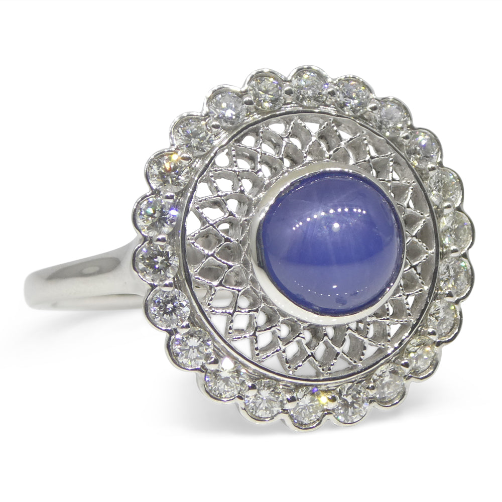 2.99ct Round Blue Star Sapphire, Diamond Engagement Ring set in 18k White Gold, GIA Certified