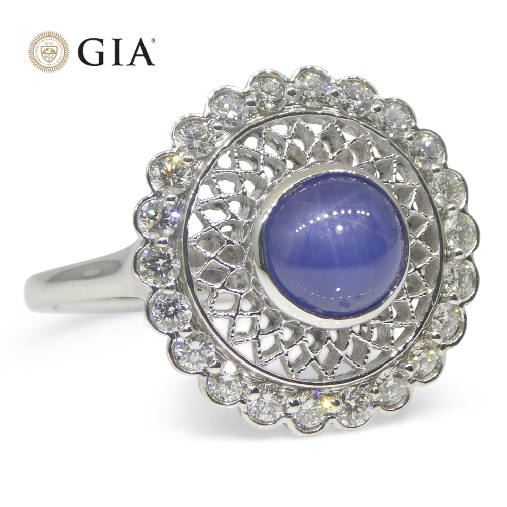 2.99ct Round Blue Star Sapphire, Diamond Engagement Ring set in 18k White Gold, GIA Certified Unheated