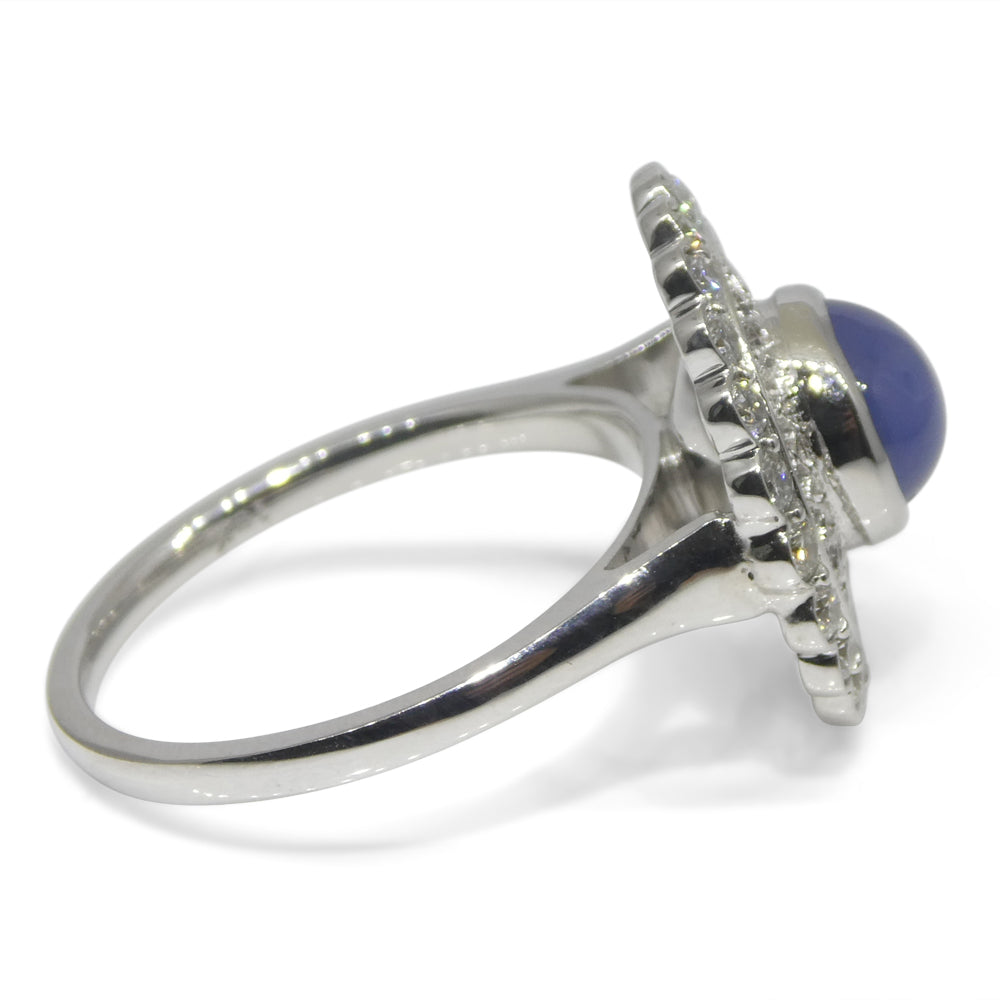 2.99ct Round Blue Star Sapphire, Diamond Engagement Ring set in 18k White Gold, GIA Certified