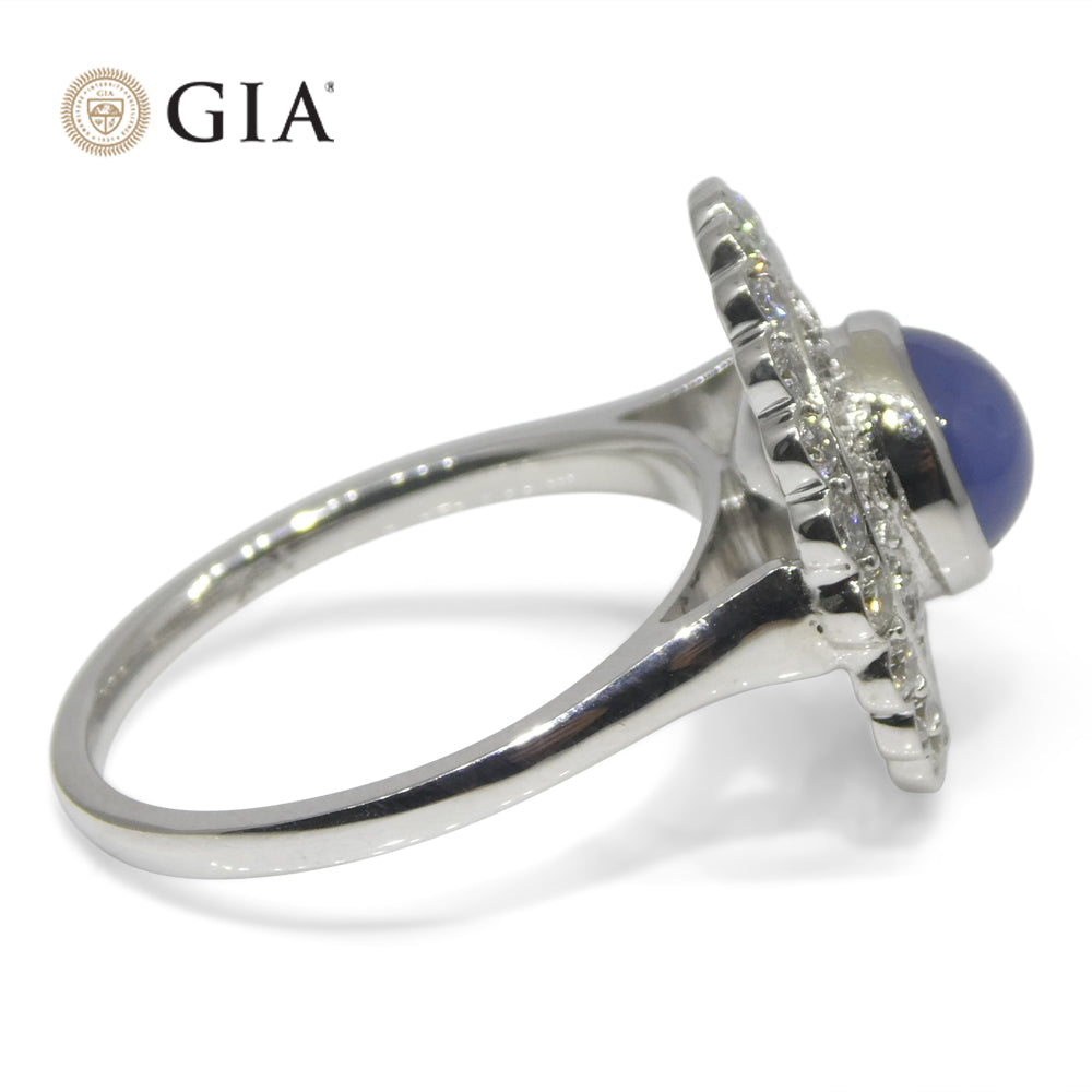 2.99ct Round Blue Star Sapphire, Diamond Engagement Ring set in 18k White Gold, GIA Certified Unheated