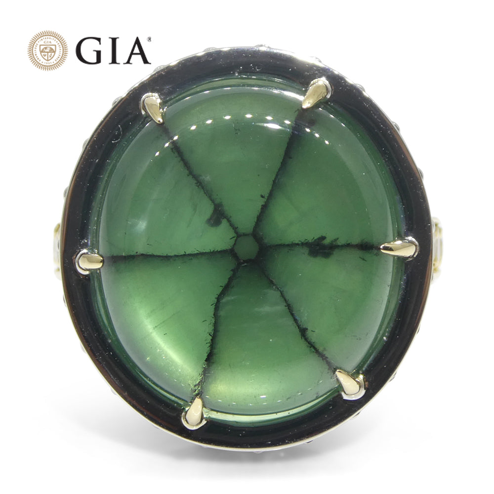 16.51ct Trapiche Green Emerald (F1), Diamond Statement Ring set in 18k White/Yellow Gold, GIA Certified Colombia - Skyjems Wholesale Gemstones